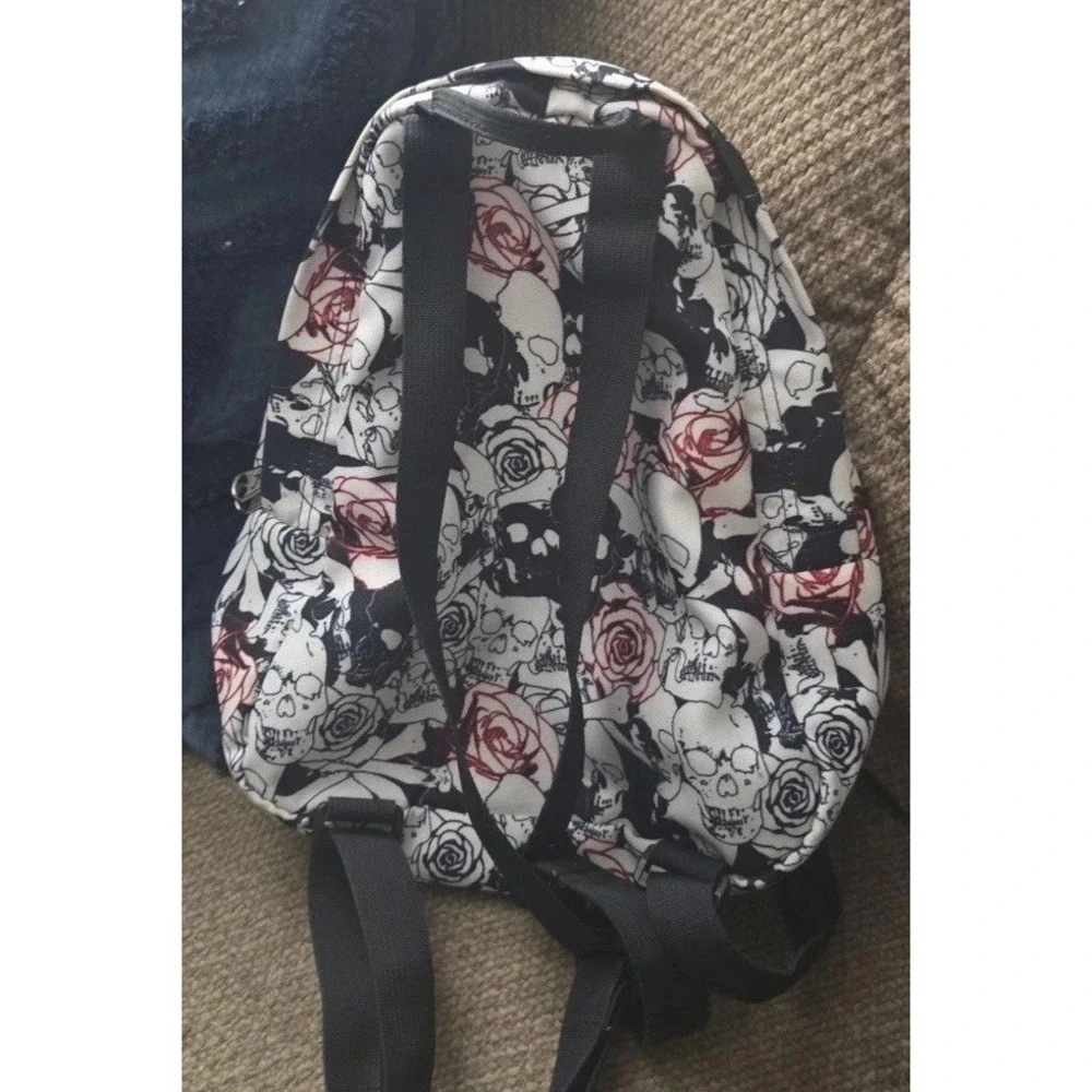 JanSport Mini Backpack Black/White/Red Skull & Rose Print Zip Pockets Straps